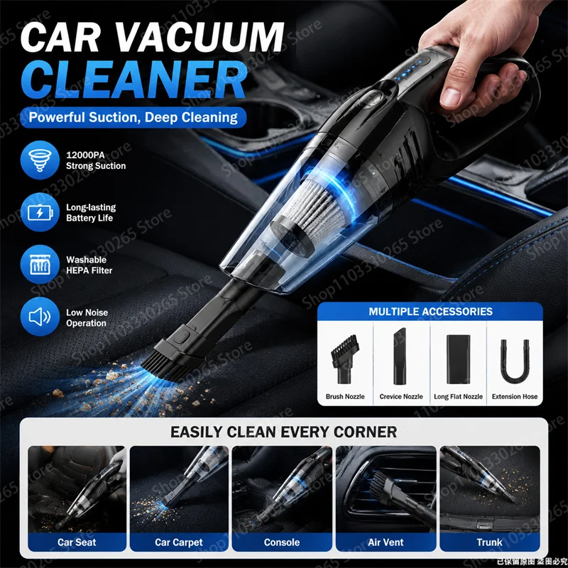 Car Vacuum Cleaner - Portable Cordless Car Vacuum Cleaner 12000PA