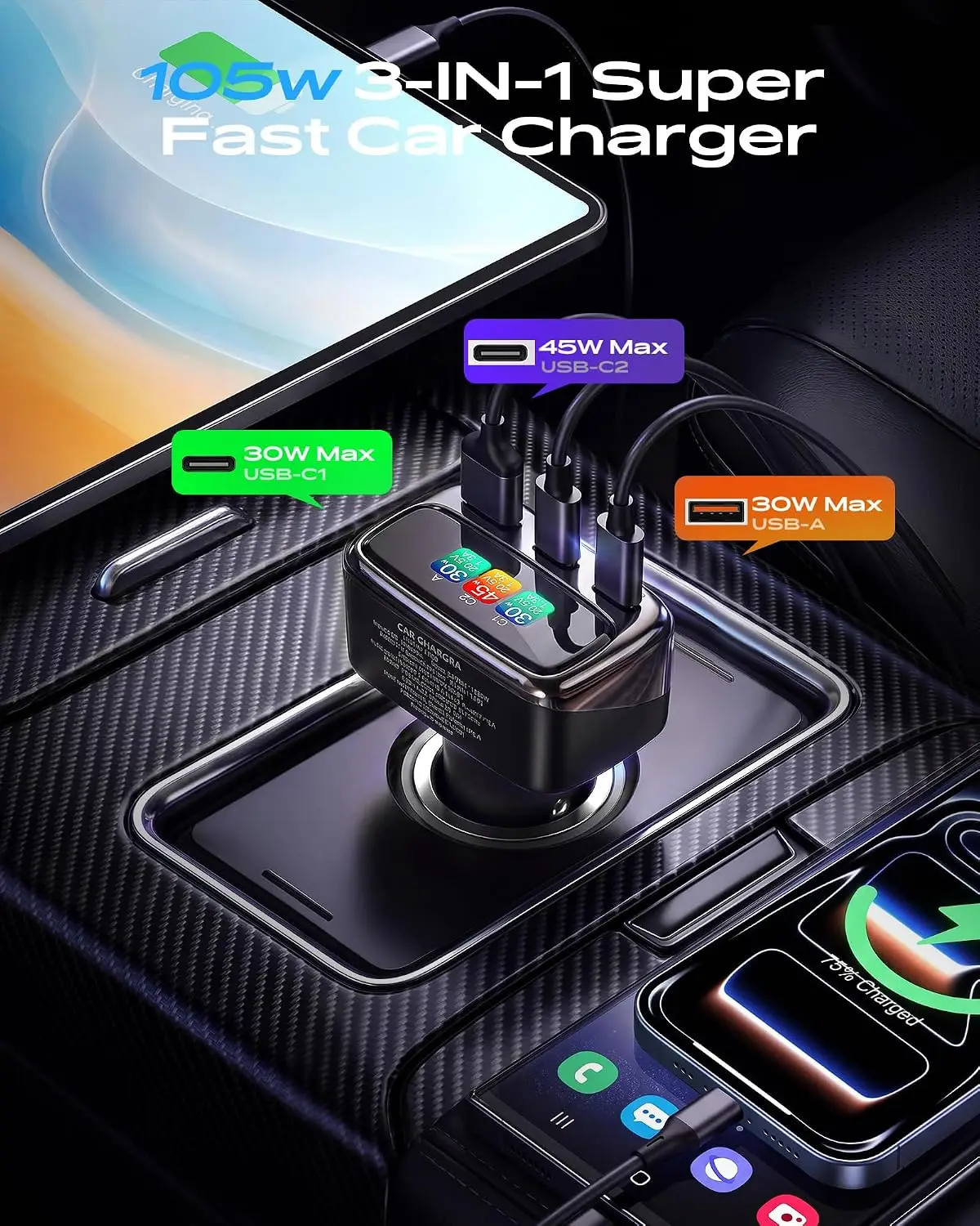 105W USB C Car Charger with Di - Car Accessories Gifts For Men avaliação e preço